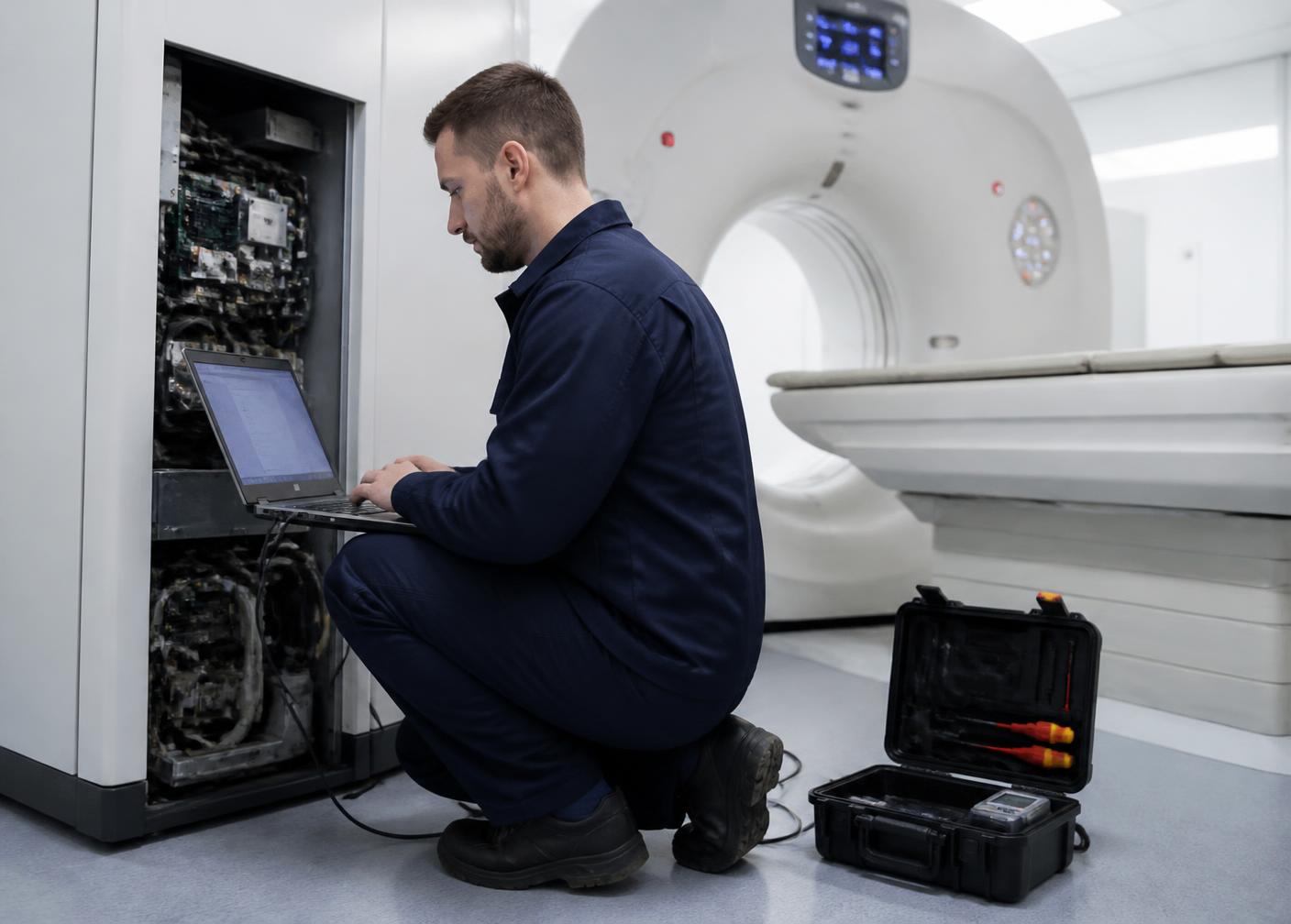 Certified field service engineer calibrating an MRI system inside a hospital imaging room